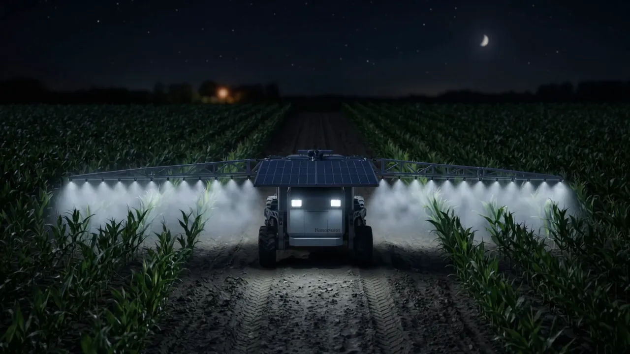 Visualisation of the FarmRover concept applying nitrate solution to a maize field at night
