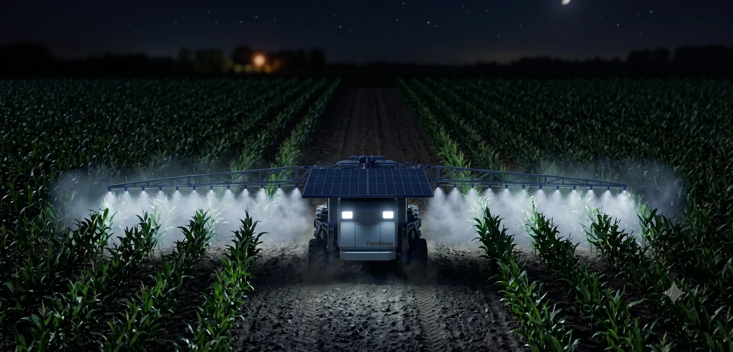 The FarmRover unit operating at night with its reactor illuminated